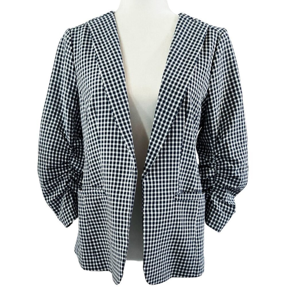 Skies Are Blue Raja Gingham Navy Blue White Collarless Ruched Sleeve Blazer